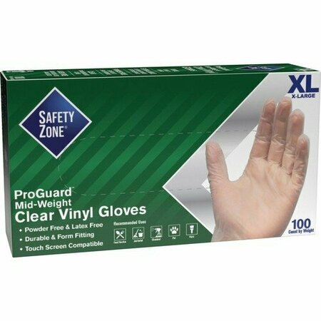 THE SAFETY ZONE GVP9-1, Vinyl Disposable Gloves, 3.2 mil Palm, Vinyl, Powder-Free, S, 100 PK, Clear SZNGVP9XL1